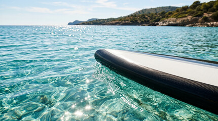 Obraz premium Sleek paddleboard nose gliding across crystal-clear water with sun reflections and subtle ripples
