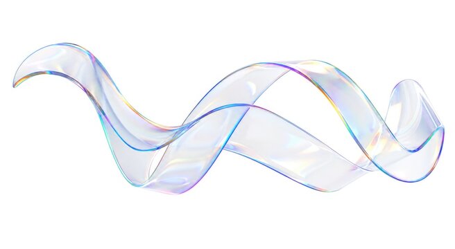 Abstract 3D iridescent ribbon wave with prismatic rainbow refraction and translucent blue gradient, futuristic digital art, modern technology concept, glowing light effect