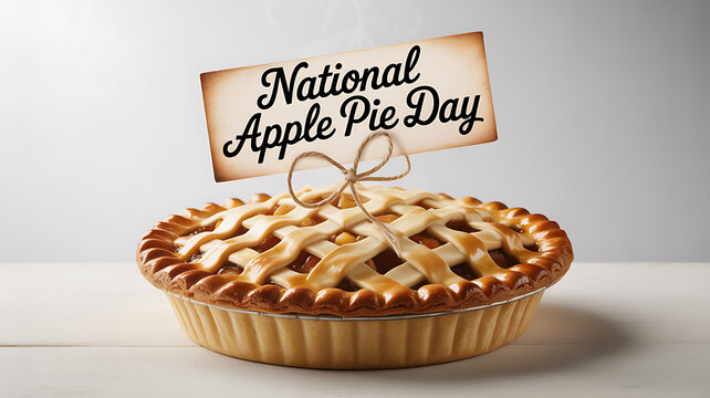A freshly baked apple pie with a lattice crust and a sign reading 'National Apple Pie Day' placed on top.