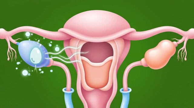 Clean flat vector medical animation showing the female reproductive system during the follicular stage of the menstrual cycle simplified uterus anatomy with smooth pastel shapes detailed ovaries fallo