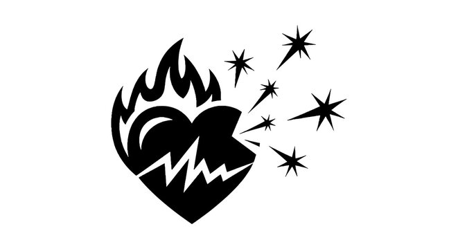 Black heart on fire exploding icon.