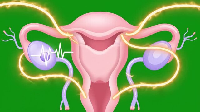 Minimal flat style 2D healthcare animation of the uterus in the follicular phase featuring clean vector anatomy with smooth outlines and pastel reproductive organs visible uterine cavity cervix ovarie