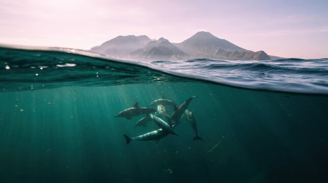 Dolphin migration hidden bay NTT split level underwater view of pod and volcanic island peaks