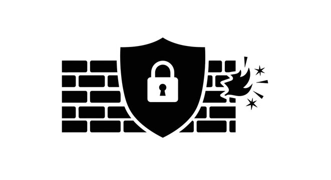 Shield with lock on brick wall.