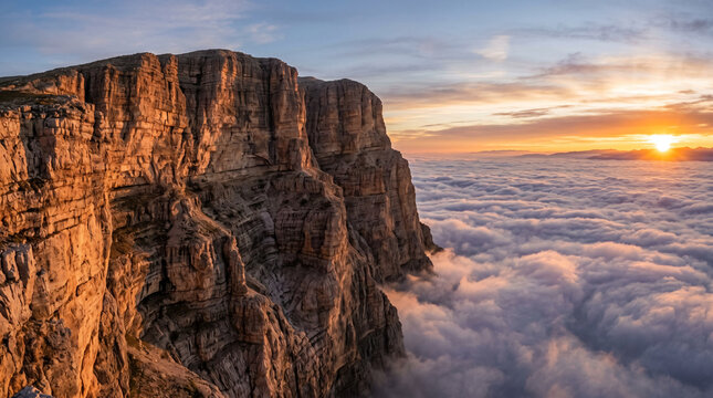 Sheer vertical cliff face overlooking endless rolling clouds at sunrise under a warm ambient glow
