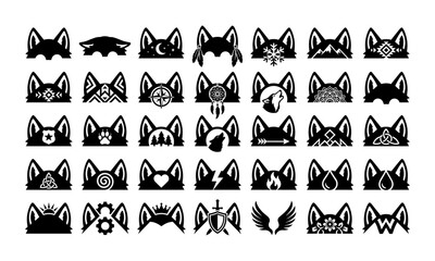 Fototapeta premium Wolf Ears Emblem Icon Set for Gaming Clan Branding, Outdoor Adventure, Native Culture Tribute and Apparel Logo Design