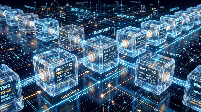 Crystal clear digital ledger with transparent blocks showing immutable transactions fintech concept
