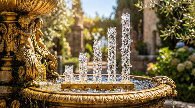 A golden fountain where the water takes the form of a rising bar graph crystallizing economic wealth