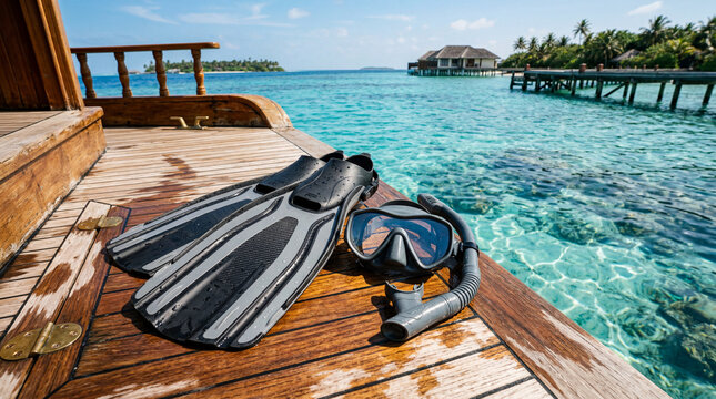 Premium diving fins and mask neatly arranged on a sunlit teak deck beside clear ocean