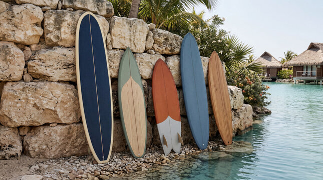 Surfboard quiver arranged on pale limestone beside a private lagoon sophisticated coastal style