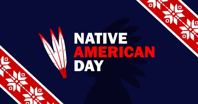 Animation of text of Native American Day with feather symbols and Native American ornaments in combination with the colors of the United States flag