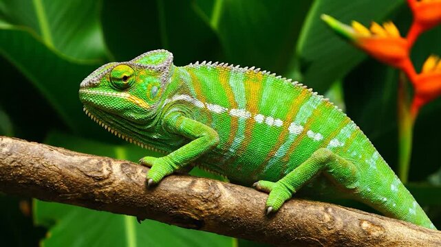 Vibrant Green Chameleon Perched on a Branch Amidst Lush Foliage.