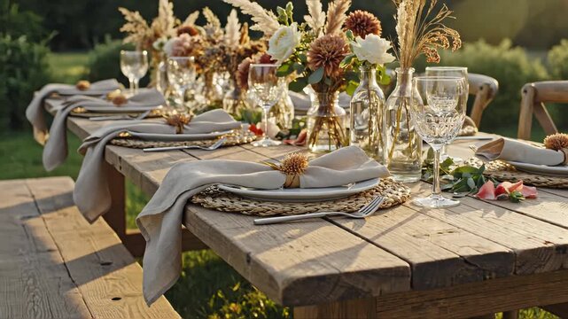 Rustic outdoor dining table set with floral arrangements and glassware