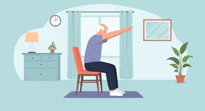 An elderly man performing seated stretching exercises on a chair in a modern living room setting, featuring a dresser, clock, and plants in a flat vector illustration style.