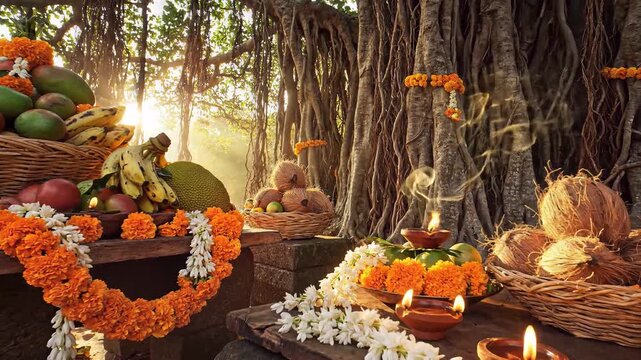 Vat Savitri festival puja offerings with fruits and flowers under banyan tree