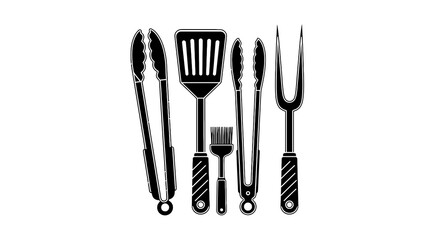 Black silhouette of barbecue tools set. © Ms