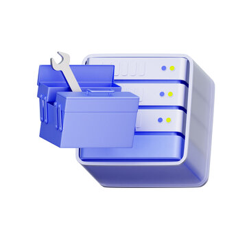 3D illustration of server tower with mechanical toolbox and wrench for network maintenance, database management, it infrastructure repair, system configuration, and data center setup.