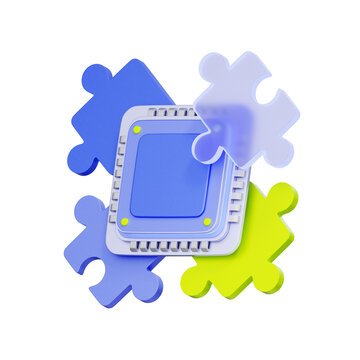 3D illustration of computer microchip with colorful puzzle pieces for system integration, hardware assembly, tech solution, software compatibility, and it infrastructure development.