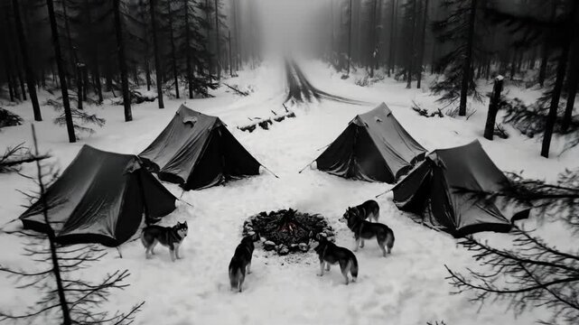 Black and white winter camp scene with tents, bonfire, and huskies surrounded by trees in a snowy landscape