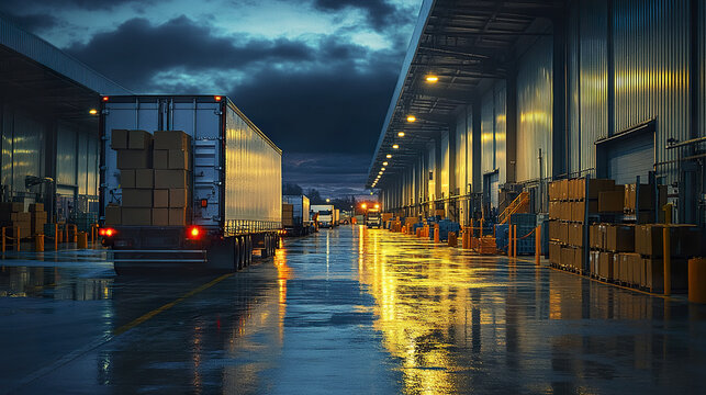 Busy warehouse loading dock at dusk with trucks and workers stacking cardboard boxes, wet reflective pavement, and industrial lighting creating dramatic atmosphere