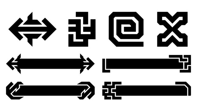 Black geometric vector shapes featuring tech arrow symbols, abstract digital icons, and futuristic lower third UI banners for streaming graphic design