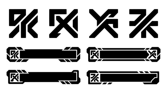 Set of black geometric vector shapes. Features abstract sci-fi logo symbols, futuristic gaming lower thirds, and UI nameplate banners for streaming