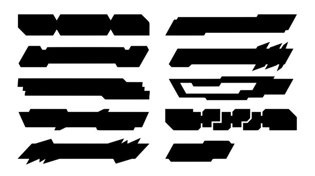 Black geometric text box vector shapes. Cyberpunk sci-fi UI elements, sharp gaming HUD banners, and futuristic lower thirds for graphic design