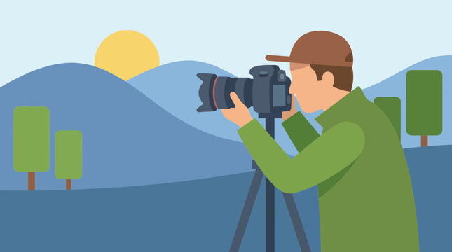 Man taking photo of landscape with DSLR camera