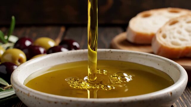 Golden olive oil pouring into a ceramic bowl next to olives and bread slices, showcasing fresh mediterranean culinary ingredients and cooking process.