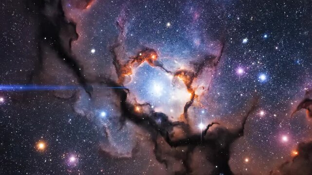 Colorful nebula with stars and a blue light streak across the image
