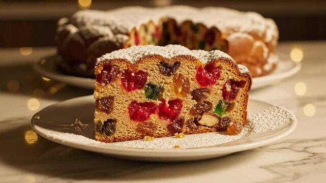 Delicious slice of festive fruitcake with cherries on a white plate with the whole cake in the background
