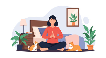 Fototapeta premium A peaceful woman practices meditation in her cozy bedroom, accompanied by her two dogs and several lush green potted plants.
