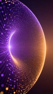 Abstract glowing purple and golden particle tunnel vortex against dark background representing digital data flow and futuristic space concept