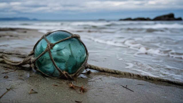 A solitary glass fishing float half-buried in wet sand, tangled with old rope, gentle waves nearby.