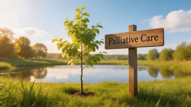 Tree with palliative care sign by lake showcasing breathtaking vistas and ecological diversity