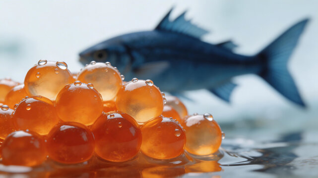 Fish eggs and a fish in the background ideal for sleek commercial backgrounds and title sequences