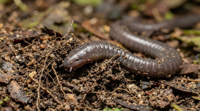 A black millipede on a leafy ground surface.