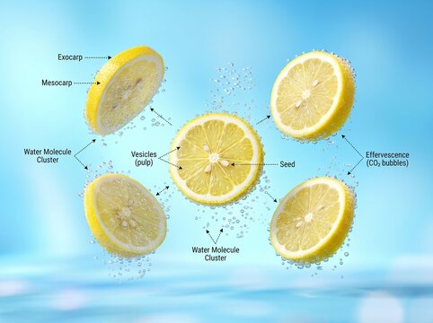 Educational diagram of sliced lemon floating in water with anatomical labels.