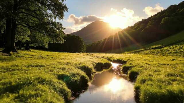 Golden Sunset Over Serene Mountain Stream and Green Meadow Landscape