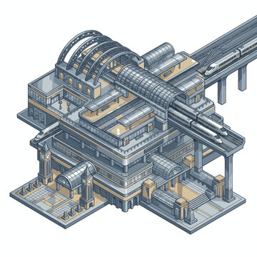 Modern isometric train station with high-speed trains on elevated tracks, representing urban transportation.