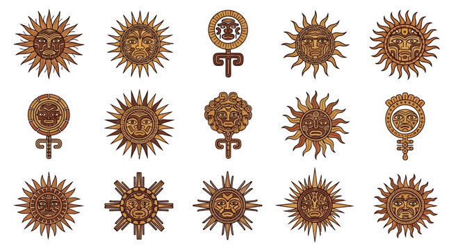 Collection of Ancient Sun Symbols, Aztec and Inca Inspired Designs, Wooden Texture