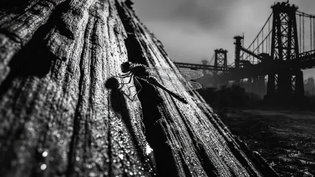 Black and white close up of a dragonfly resting on rough wooden surface with a bridge in the background