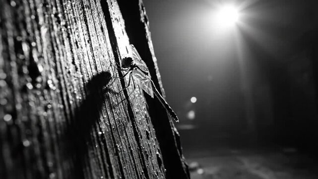 Dragonfly Resting on Weathered Wood with Bright Light Silhouette in Dramatic Black and White Scene