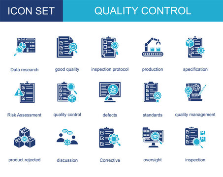 quality control icon collection set. with Data research,good quality,inspection protocol,production,specification,Risk Assessment,quality control