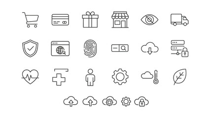 Fototapeta premium Comprehensive set of thin line icons for e-commerce security and cloud management featuring shopping carts credit cards gift boxes storefronts fingerprint security and server locking in vector