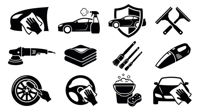 Collection of professional car detailing and automotive cleaning service icons featuring washing equipment tools and vehicle maintenance elements, representing auto care, provides branding