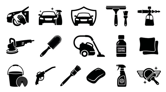 Collection of car detailing and cleaning equipment icons featuring polisher, vacuum, brushes and ceramic coating, representing maintenance services and provides professional shop branding