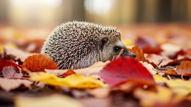 Cute Hedgehog in Autumn Leaves