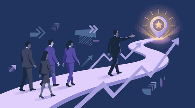 Business team walking on a winding path toward a glowing star target and map pin icon, symbolizing corporate vision and leadership strategy, illustrating career growth and success