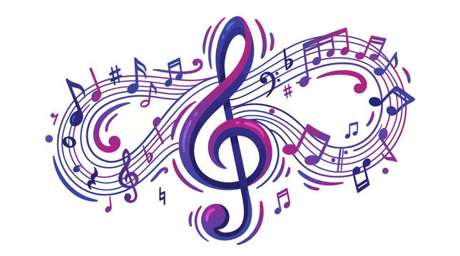 Abstract purple and blue treble clef design with flowing musical notes and stave lines on white background, representing melodic harmony and symbolizing creative audio production or sound branding